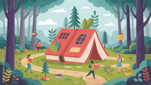 Vibrant forest scene with people around a cozy red tent surrounded by trees and greenery outdoor adventure concept