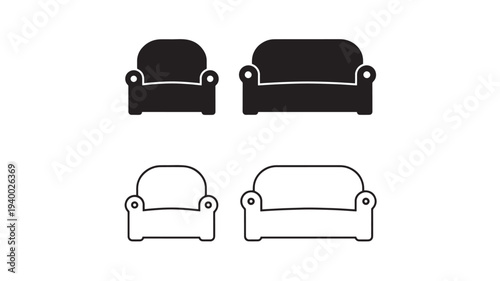Sofas icons set in black and white with solid and outline styles, isolated on white. featuring sofa, couch, armchair with furniture and icon elements