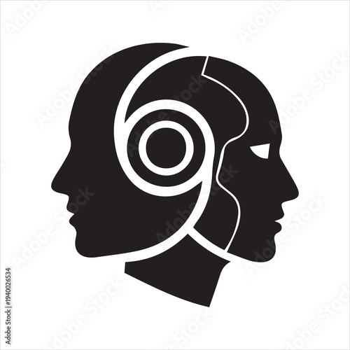 Artificial intelligence concept icon with human and robot profiles. Minimalist black silhouette vector illustration. Cyborg and technology fusion symbol isolated on white background