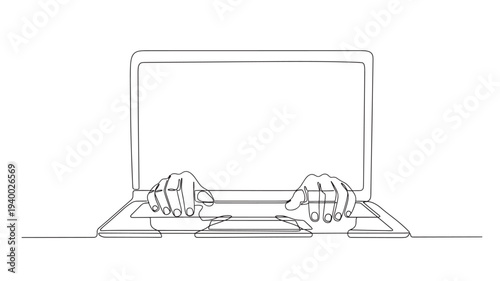 Laptop with hands typing on keyboard, minimalist line art illustration of a person working on a computer with a blank screen.