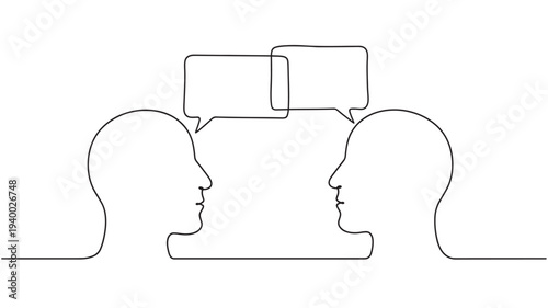 Two heads in profile view with overlapping speech bubbles, symbolizing communication and conversation