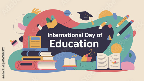 International day of education concept with books graduation cap and learning tools on colorful background
