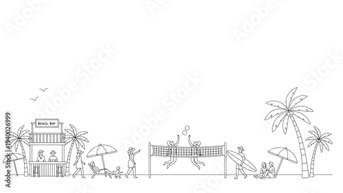 Beach scene line art with people playing volleyball, relaxing under umbrellas, and at a beach bar. featuring surfing, palm trees, summer with