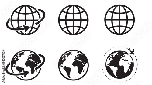 Globes and travel icons with international connection and aviation symbols on a white background featuring globe, world, earth with planet and
