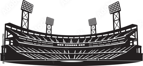Black and White Stadium Illustration with Floodlights and Seating