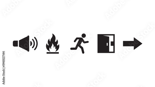 Sequence of black icons showing sound, fire, running person, open door, and arrow signifying escape or evacuation plan.