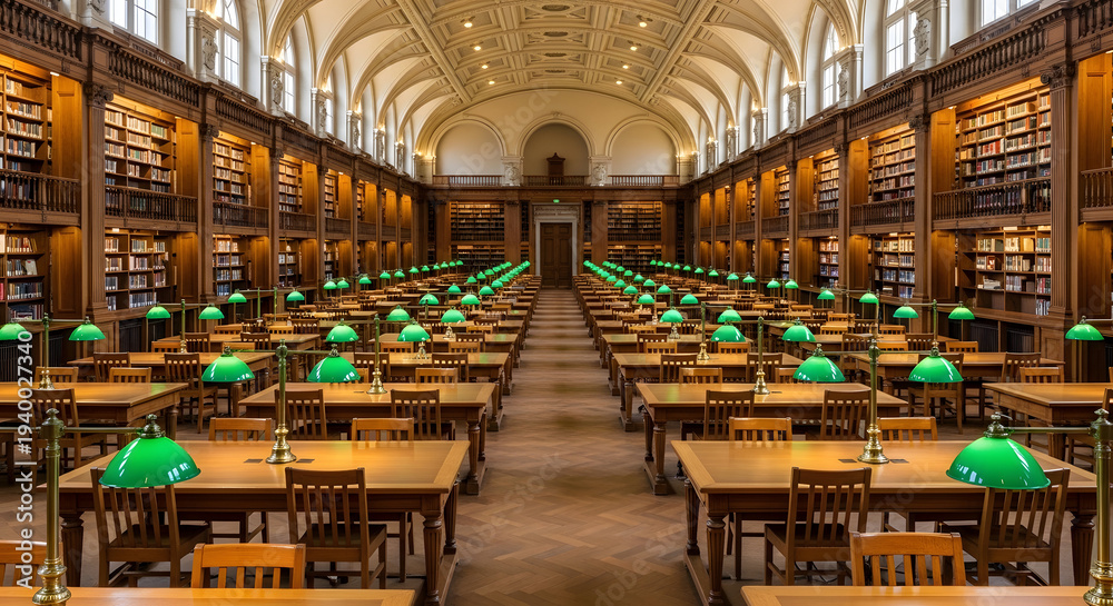 Fototapeta premium Grand ornate library interior with rows of wooden tables and green desk lamps creating a scholarly atmosphere for reading and study