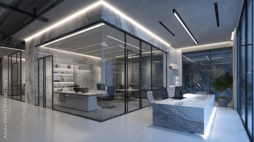 Obraz premium A financial consulting office features glass walls and minimalist furniture, showing a clean design and efficient use of space for work activities.