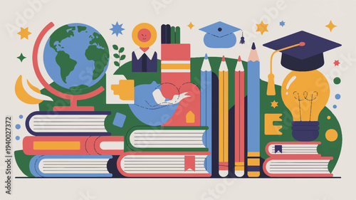 Colorful illustration of educational items books graduation cap globe and stationery on green background for learning and teaching concepts