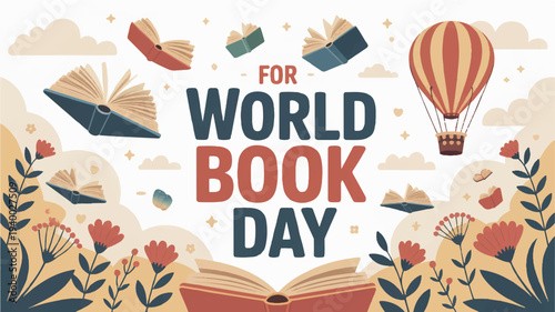 Vibrant world book day illustration with books hot air balloon flowers and whimsical clouds