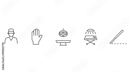 Surgical icons depicting a doctor, glove, operating lamp, patient on a stretcher, and a scalpel with dashed line for incision.