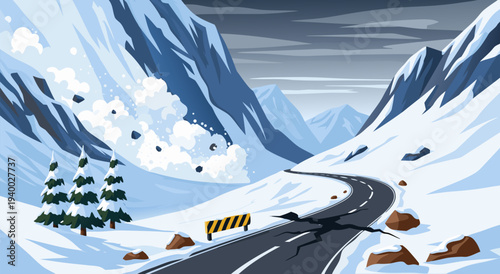 Avalanche disaster vector illustration of a snow slide crashing down a mountain onto a cracked road in a winter landscape scene