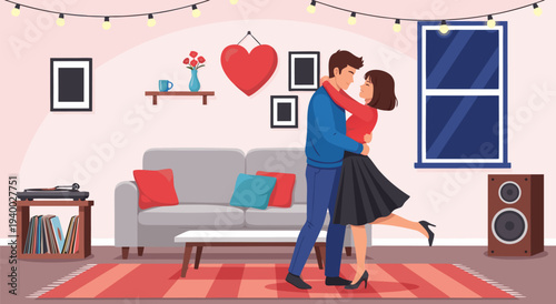 Romantic Couple Dancing in a Cozy Living Room Vector Illustration with Heart Decorations and String Lights