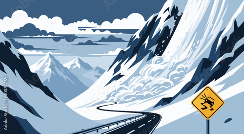 Snow Avalanche Danger Illustration A Vector Art Depiction of a Winding Road Through Snowy Mountains with a Warning Sign