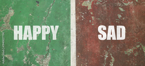 Bild auf Leinwand HAPPY and SAD text in white bold font, separated by a white vertical line on a weathered green and red pavement surface