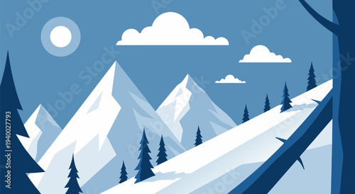 Beautiful Winter Mountain Landscape Vector Illustration with Snow-Covered Peaks and Pine Trees Under a Clear Sky