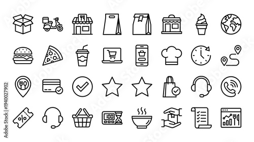 Set of 40 black outline shopping and e-commerce icons vector including cart, store, delivery, payment, discount, rating, wishlist, receipt and support