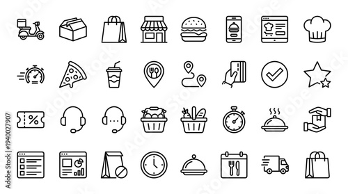 Set of 35 simple black line retail and food service icons vector, shopping store, cart, fast food, payment, delivery, loyalty, support symbols