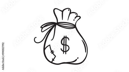 Money bag hand-drawn icon with a dollar sign and tie, representing wealth and finance. featuring cash, currency, savings with investment and economy