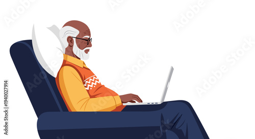Senior man using laptop vector illustration, an elderly person enjoying technology with a digital device, conceptual art for modern life
