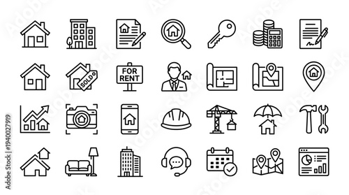 Set of 25 real estate and property line icons vector, black outline home, rent, sale, mortgage, construction, map pin and building symbols for web and app UI