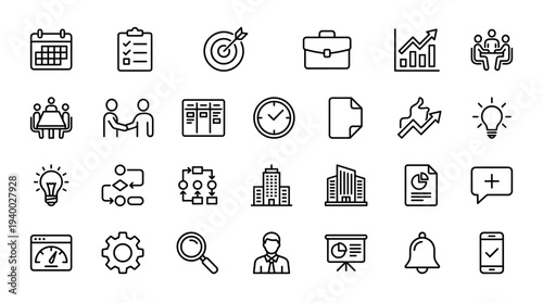 Set of 25 business and office line icons vector, black outline symbols for analytics, teamwork, calendar, settings, target and support for web and UI