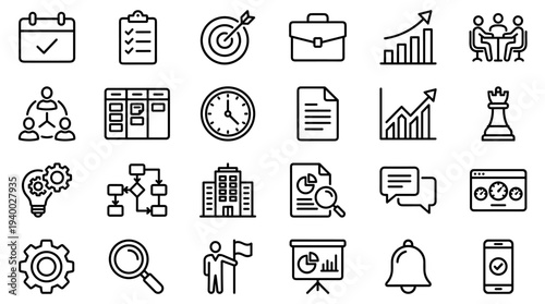 Set of 25 business and office line icons vector, black outline symbols for finance, analytics, teamwork, marketing, startup UI, web and presentation design