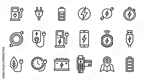 Set of 16 battery, charger and power icons vector in black outline style with energy, charging cable, plug, lightning, stopwatch and user symbols