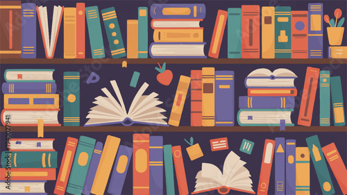 Colorful bookshelf with books and open textbooks in a library setting with educational background