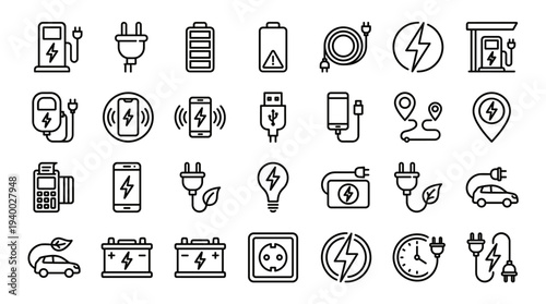 Set of 30 electric car charging and battery icons vector, line outline style for EV station, power plug, energy, charging cable symbols for apps and websites