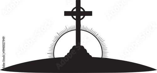 Christian cross on hill with sun rays silhouette graphic