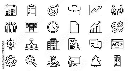 Set of 25 business and office line icons vector, black outline symbols for finance, analytics, marketing, teamwork, settings, web and app UI design