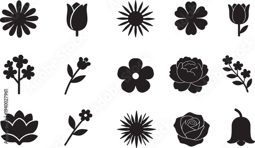 Collection of black silhouettes depicting various flower and plant shapes
