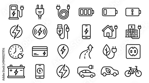 Set of 25 line energy and technology icons vector, black outline symbols for power, battery, charging, home electricity, transport, website and app UI design