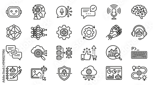 Set of 30 business and technology line icons vector, black outline symbols for SEO marketing, analytics, teamwork, chatbot, cloud, security, web and app UI