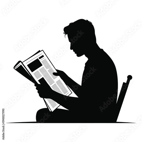 Man reading newspaper silhouette, person sitting on chair enjoying morning news vector graphic design element