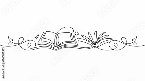 Minimalist vector illustration of an open book with floral design elements in a continuous line drawing style on a white background for educational