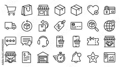 Set of 25 shopping and ecommerce outline icons vector, black line delivery cart payment store box heart chat support bag discount gift and globe