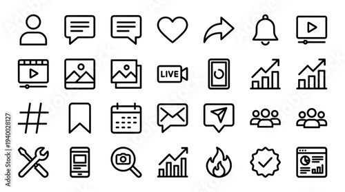 Set of 25 minimal interface and communication icons vector, black outline symbols for web app UI, chat, notification, calendar, analytics, social, settings