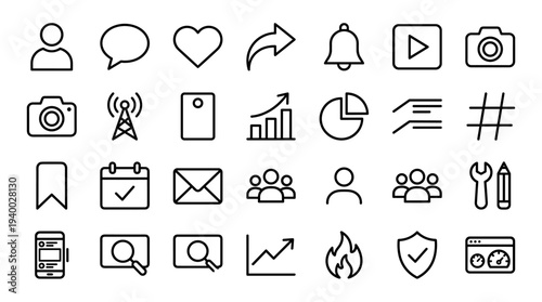 Set of 50 black outline interface icons vector with chat, heart, share, notification, play, camera, chart, calendar, mail, search, settings for web and app UI