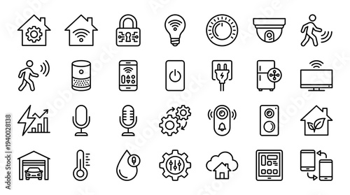 Set of 30 minimal black line smart home and IoT icons vector, including security, wifi, thermostat, camera, mobile app, sensors and automation symbols