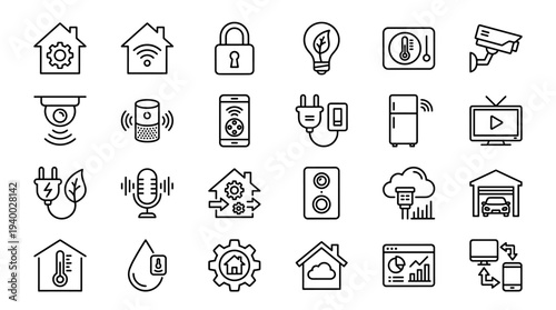 Set of 25 smart home and security line icons vector, including house, lock, camera, sensors, WiFi, energy, smoke detector, key and doorbell symbols