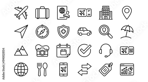 Set of 20 travel and tourism line icons vector, black outline symbols for transport, navigation, booking, luggage, hotel, map, insurance, and services