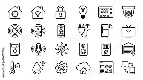Set of 25 smart home and security line icons vector, including wifi, sensors, camera, thermostat, microphone, smoke detector, light bulb, app and control panel