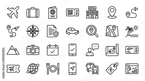 Set of 30 travel and navigation line icons vector including map, compass, suitcase, camera, airplane, location pin, calendar and transport symbols