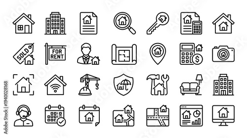 Set of 25 real estate and property line icons vector, black outline buildings, house, rent, sale, mortgage, key, map pin, camera, document symbols