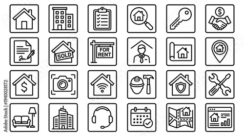 Set of 30 black outline home and real estate icons vector, including house, keys, handshake, map pin, camera, calendar, tools, documents