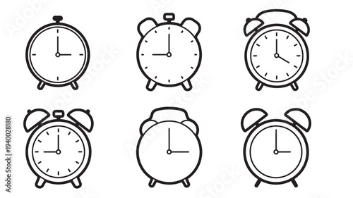 Alarm clocks set with classic twin bell design in black and white line art illustration style for timekeeping and wake-up reminders.