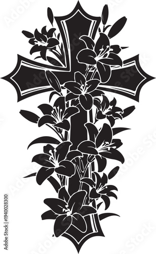 Black and white cross with floral design and lilies