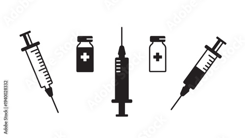 Syringes and medical vials with cross symbols, indicating vaccination or medical treatment on a white background.